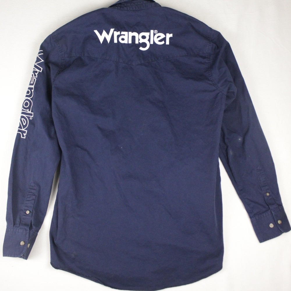Wrangler Spell Out Logo Shirt Mens LT Blue Rodeo Western Sleeve Hit - Picture 2 of 8